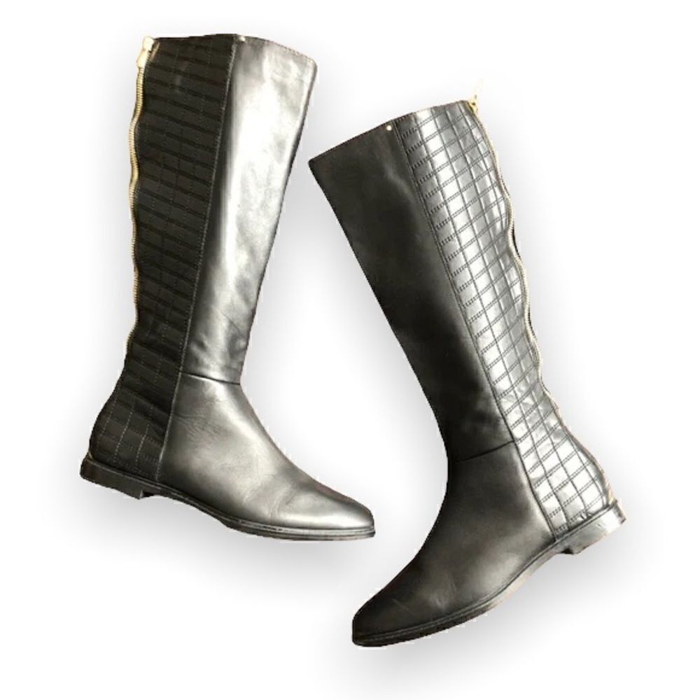 CK Calvin Klein Black Leather Riding Boots with Gold Zipper "Donnily"